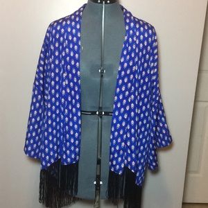 Bright blue print kimono jacket with black fringe